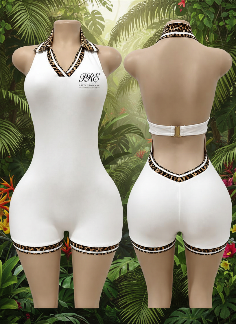 Cheetah Print Backless Halter V-Neck Romper