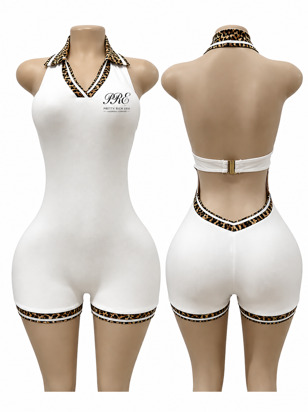 Cheetah Print Backless Halter V-Neck Romper